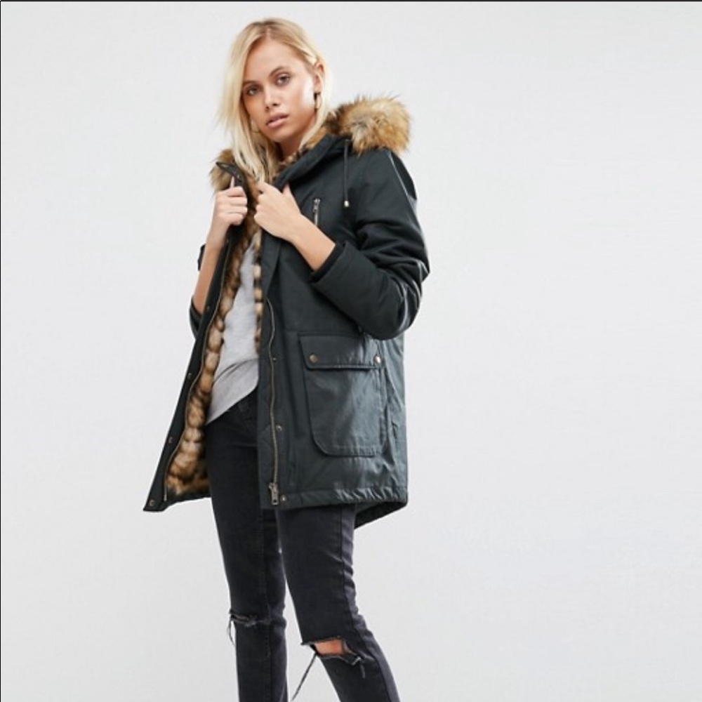 ASOS Black Utility Jacket with Faux Fur Trim